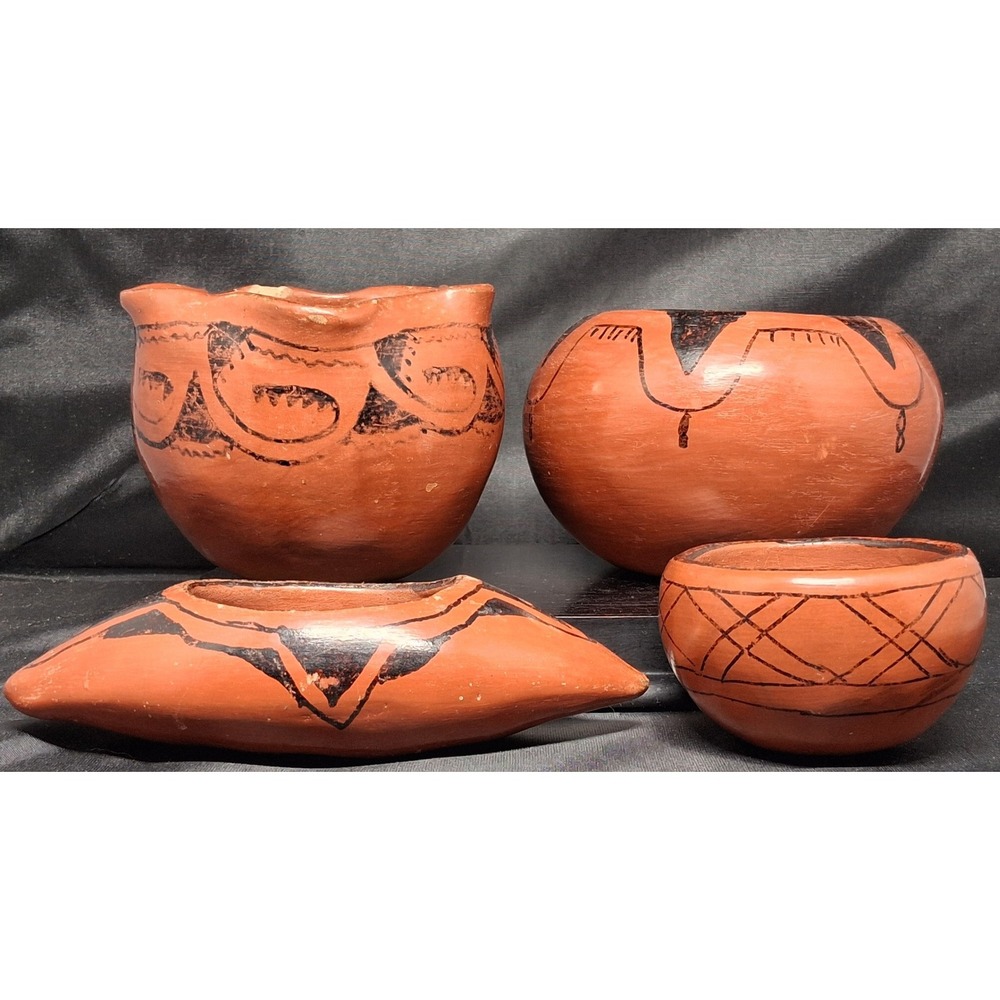 Southwestern Terracotta Pottery Set 4pc Hand Painted Red Clay Geometric Vessels